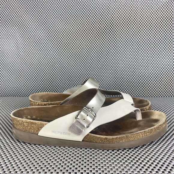 Mephisto Helen Sandals Womens Size 41 White Silver Leather Slide On Buckle - Picture 1 of 12